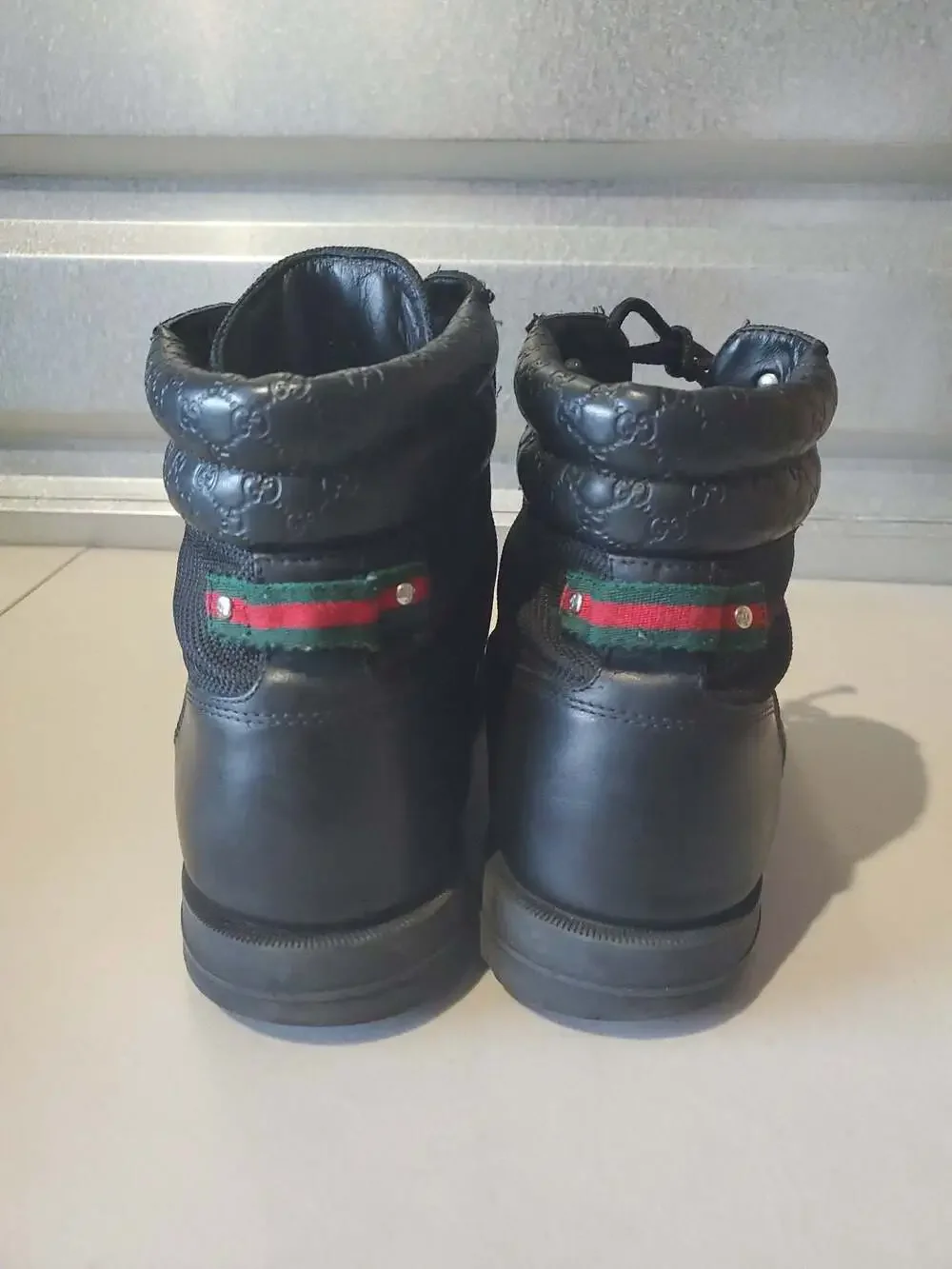 Gucci Men's Black Leather and Canvas GG Embossed Combat Boots